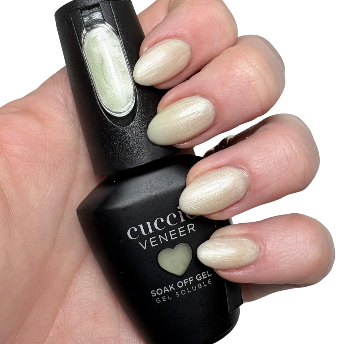Cuccio Summer N Shine Pearlescent gel nail polish applied on nails with glossy finish