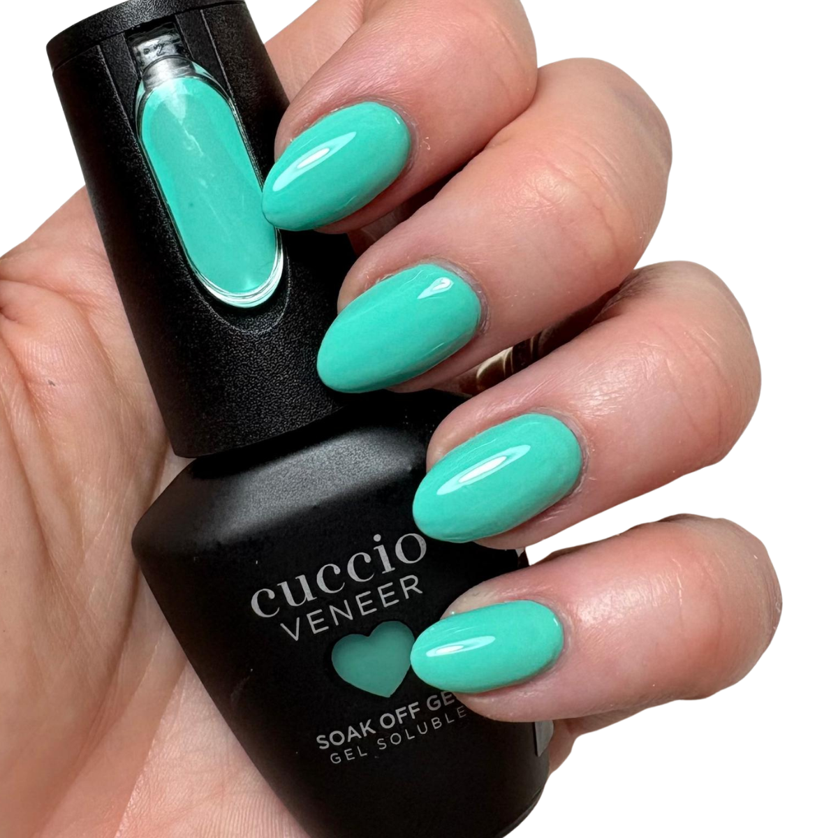 Cuccio Feeling Sea Me Go Aqua Blue gel nail polish applied on nails with glossy finish