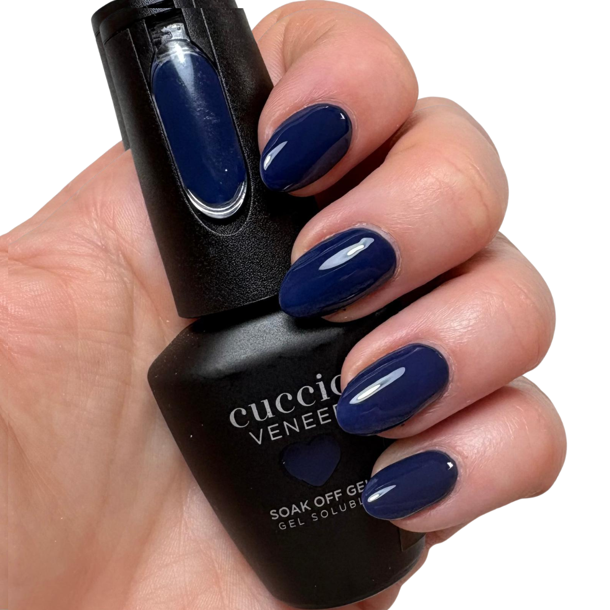Cuccio Feeling Evoked dark gel nail polish applied on nails with glossy finish