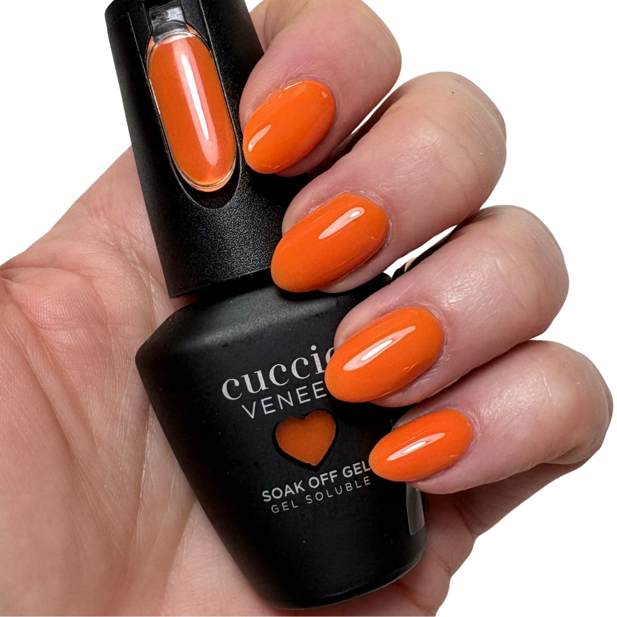 Cuccio Warm Whim Orange gel nail polish applied on nails with glossy finish