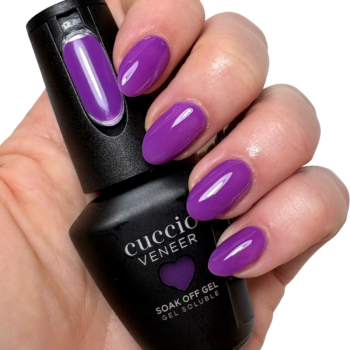 Cuccio Mesmerized Medium Purple gel nail polish applied on nails with glossy finish