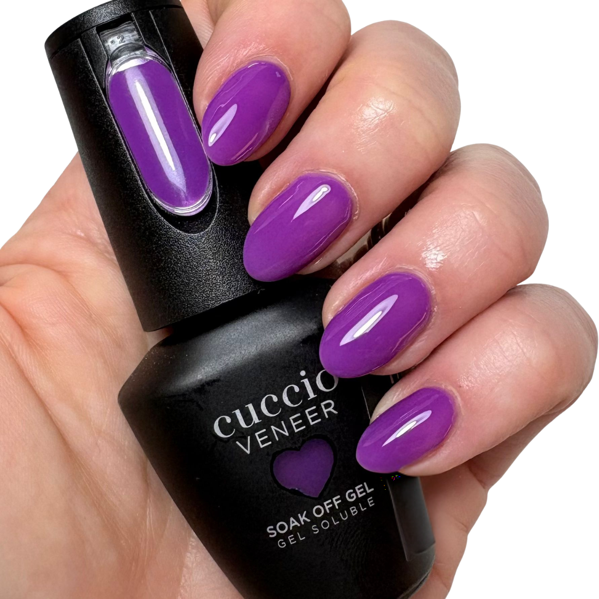 Cuccio Mesmerized Medium Purple gel nail polish applied on nails with glossy finish