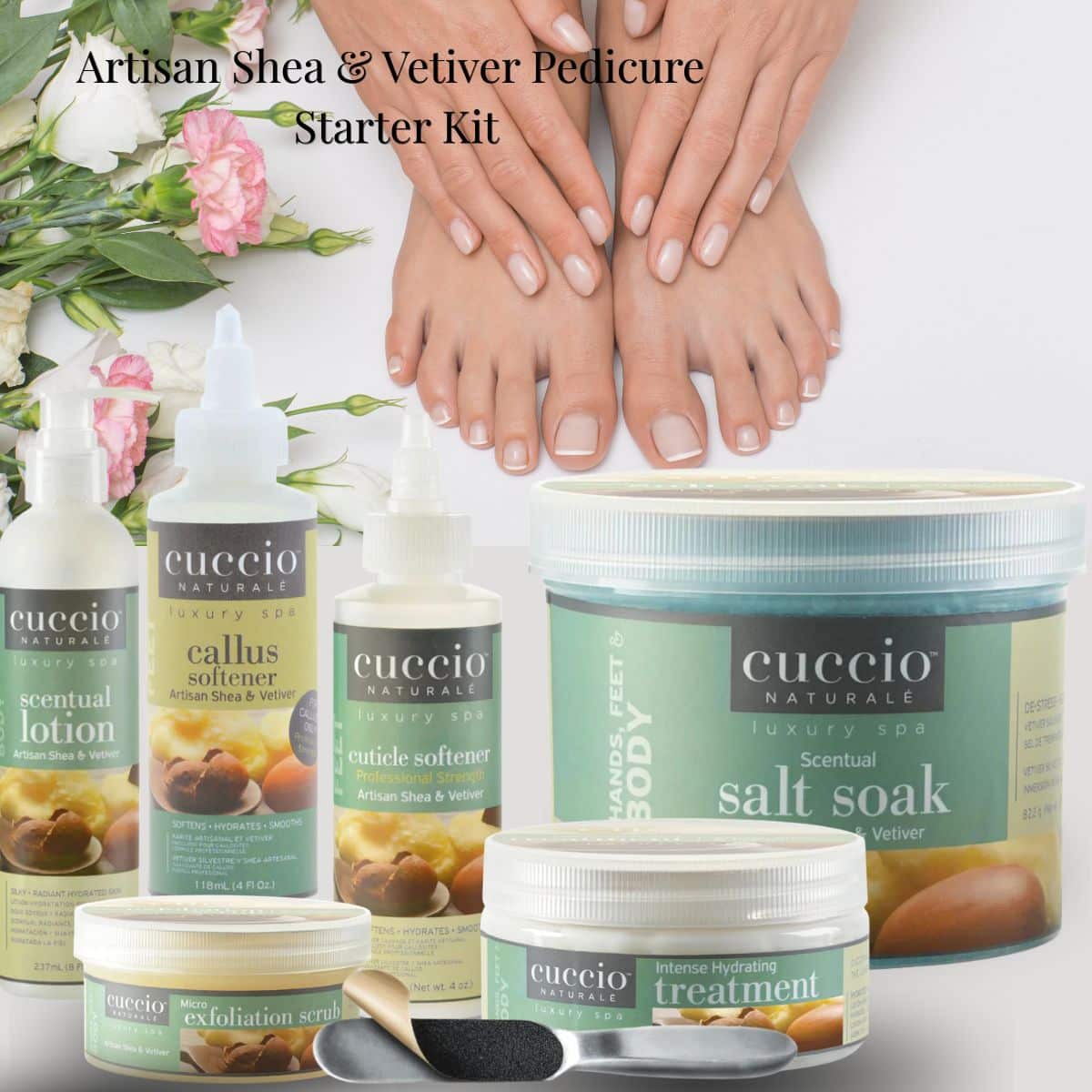 Artisan Shea & Vetiver Pedicure Starter Kit featuring Cuccio Naturale spa products, including salt soak, callus softener, cuticle softener, exfoliation scrub, hydrating treatment, and lotion, arranged with manicured hands and feet and floral accents.