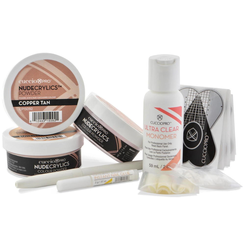 Cuccio Pro Nudecrylics Cover Powder Kit with acrylic cover powders and liquid essentials for nail extensions